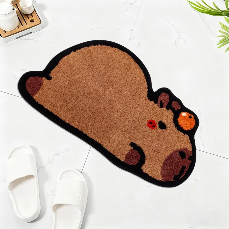 VIKAMA Cute Capybara Shaped Bath Mat Soft Fluffy Non‑Slip Absorbent Cartoon Orange Fruit Rodent Bathroom Rug Home Decor