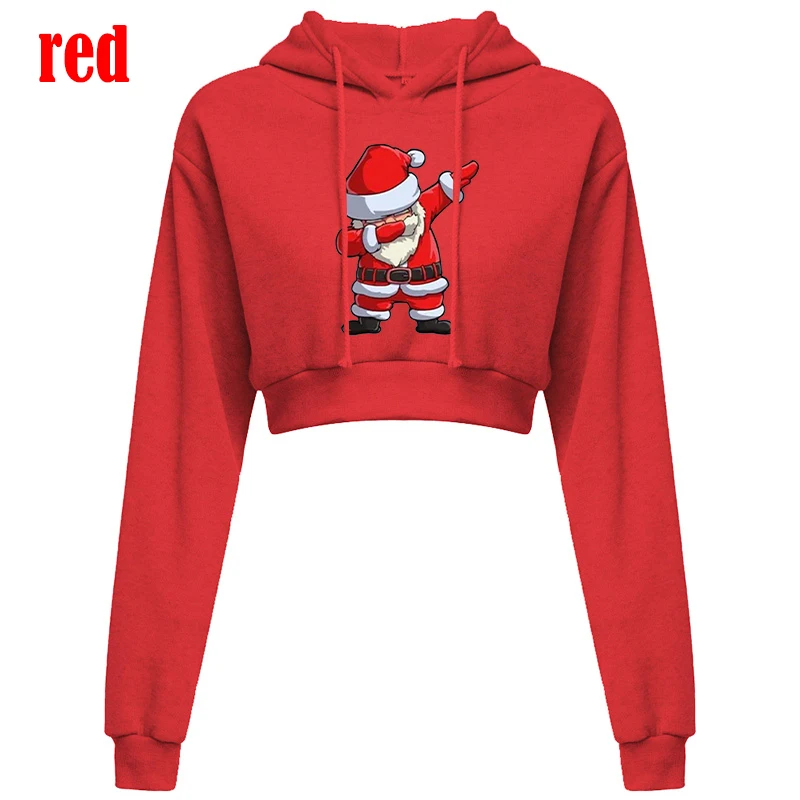 Sexy Crop Hoodie Women Spring Autumn Pullovers Ladies Funny Christmas Santa Print Hooded Full Sleeve Sweatshirts