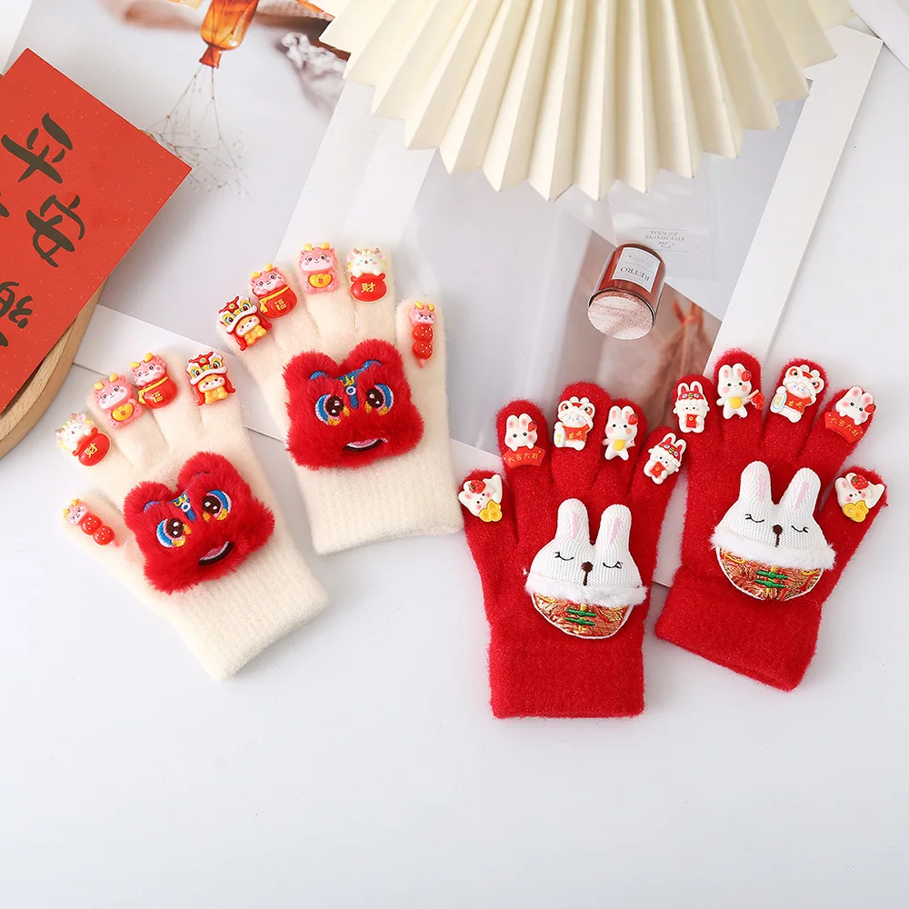 قفازات للتدفئة في الشتاء 2024 كارتون رأس السنة الجديدة خمسة أصابع للتبقي البارد بالإضافة إلى أصابع الإصبع للتدفئة #5