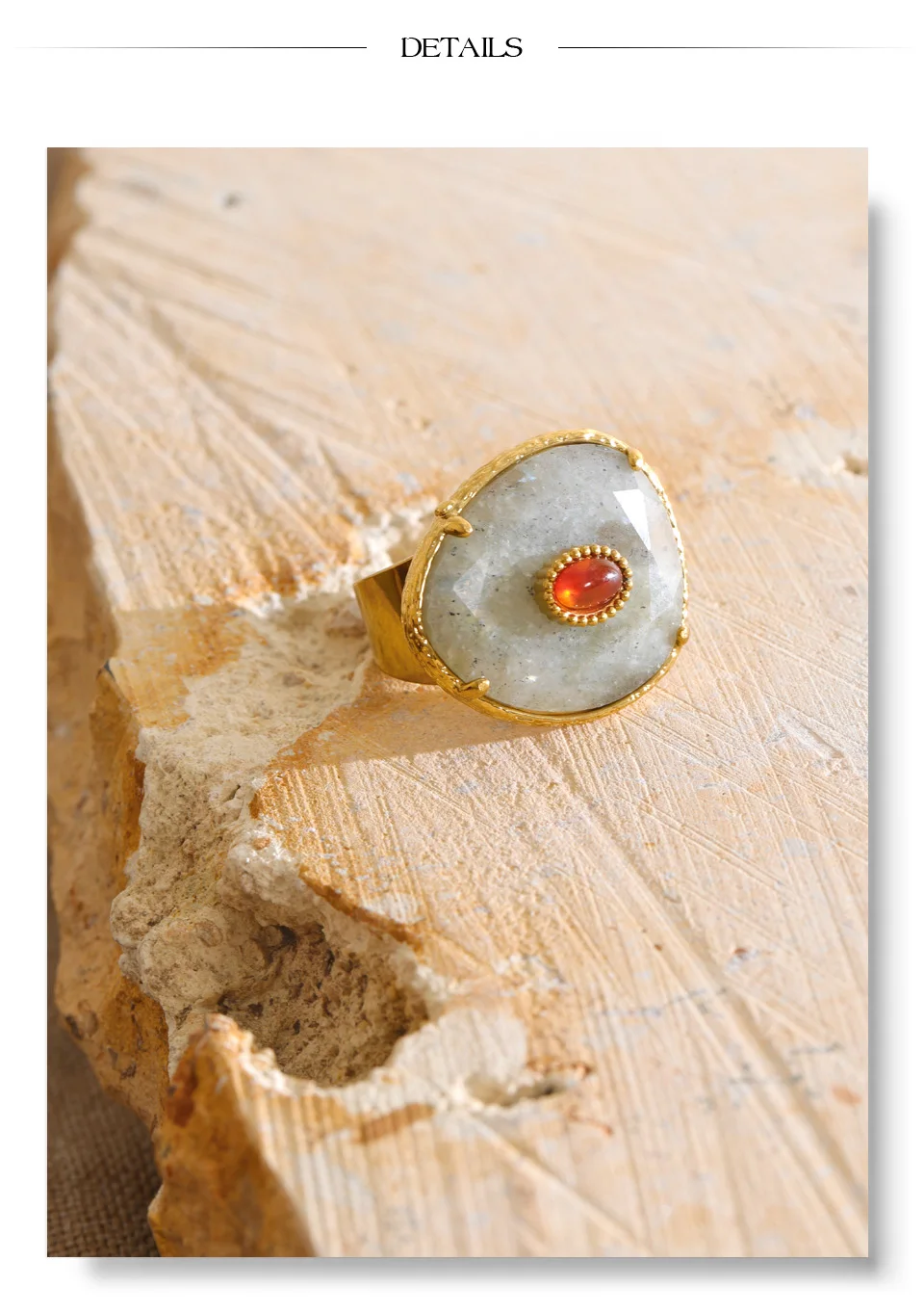 Yhpup Natürlicher Spektrolith-Achat-Stein Offener Ring Hochwertiger Edelstahl Stilvoller Schicker Fingerschmuck – Detail 7