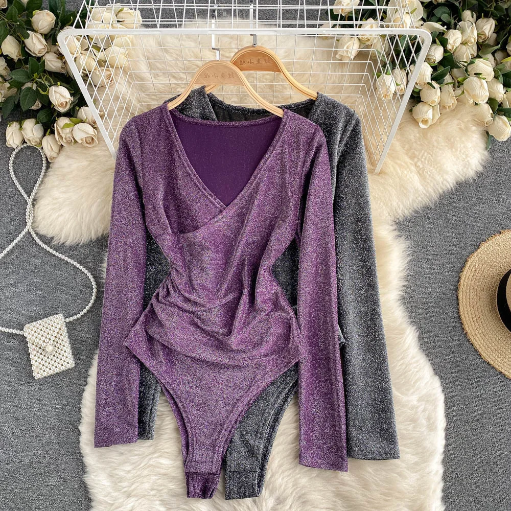 

Girl Ins Fashion One-piece Temperament V-neck Bodysuits Women Sexy Slim Long Sleeve T-shirt And Bottomed Playsuits Rompers