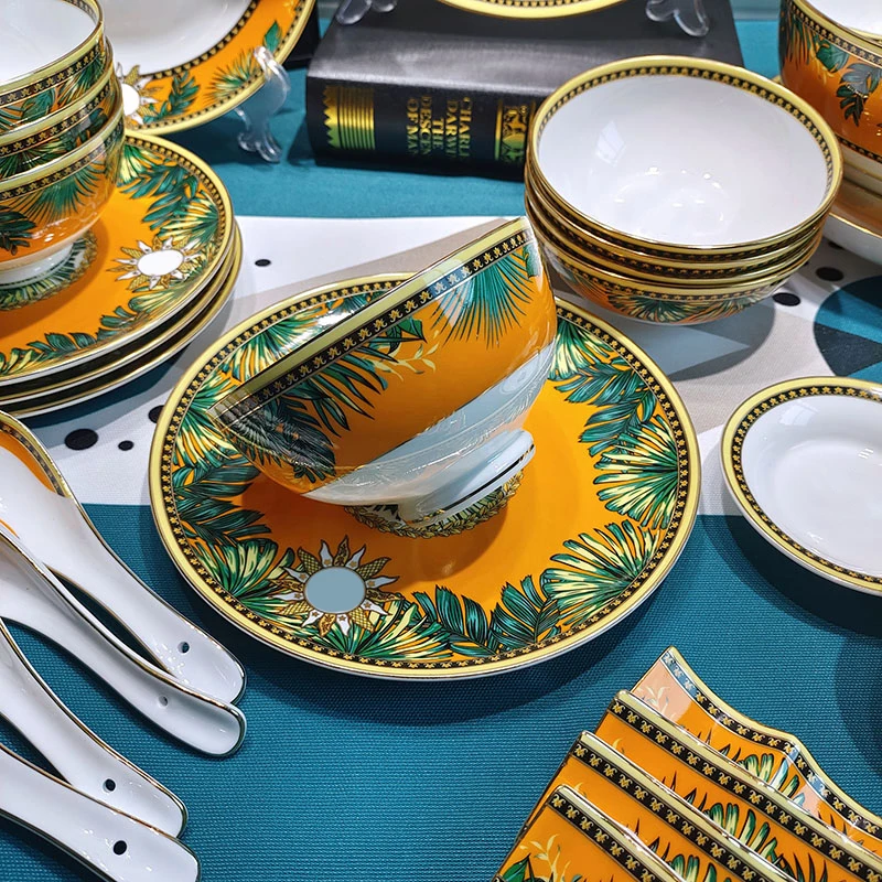 Household Dish Set Bone China Retro Chopsticks Plate Noodles Bowl Tableware Bowl Fashion 32 Sets Of Gifts Banana Leaf Style