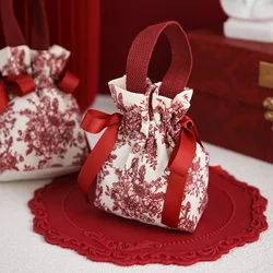 5/10pcs Portable Drawstring Handheld Canvas Candy Bags with Floral Pattern & Ribbon Bow Soft Reusable Wedding Gift Packing Bags