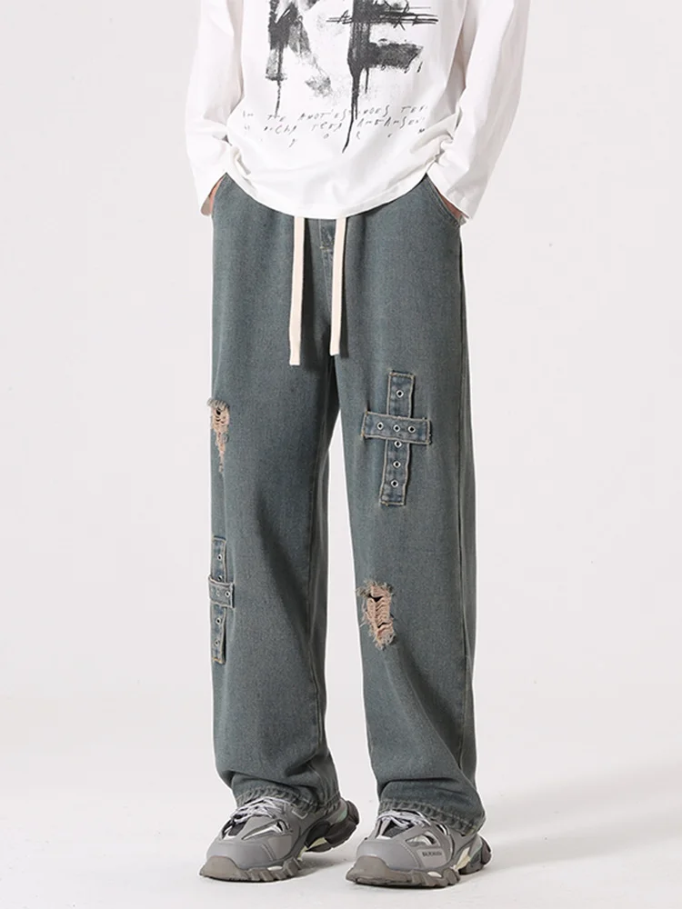 

Мужские джинсы в стиле ретро, американский уличный стиль, весна-осень, свободные прямые брюки, модный бренд, с эффектом дырчатого денима