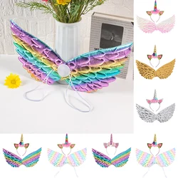 Children Unicorn Headband Rainbow Wings Girls' Fairy Wings with Unicorn Headband for Kids Birthday Party Dress Up Photo Props