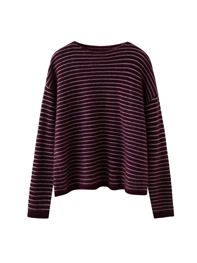 

Autumn Winter Women's Cashmere Pullover Sweater O-neck Striped Off Shoulder Knitwear Basic Tops Lazy Style Comfort Light Luxury