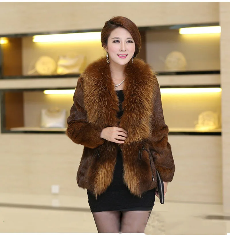 Women Winter Real Rabbit Fur Coat With Raccoon Fur Trimming Fashion Warm Luxury Long Sleeve Genuine Fur Jacket Female Outwear