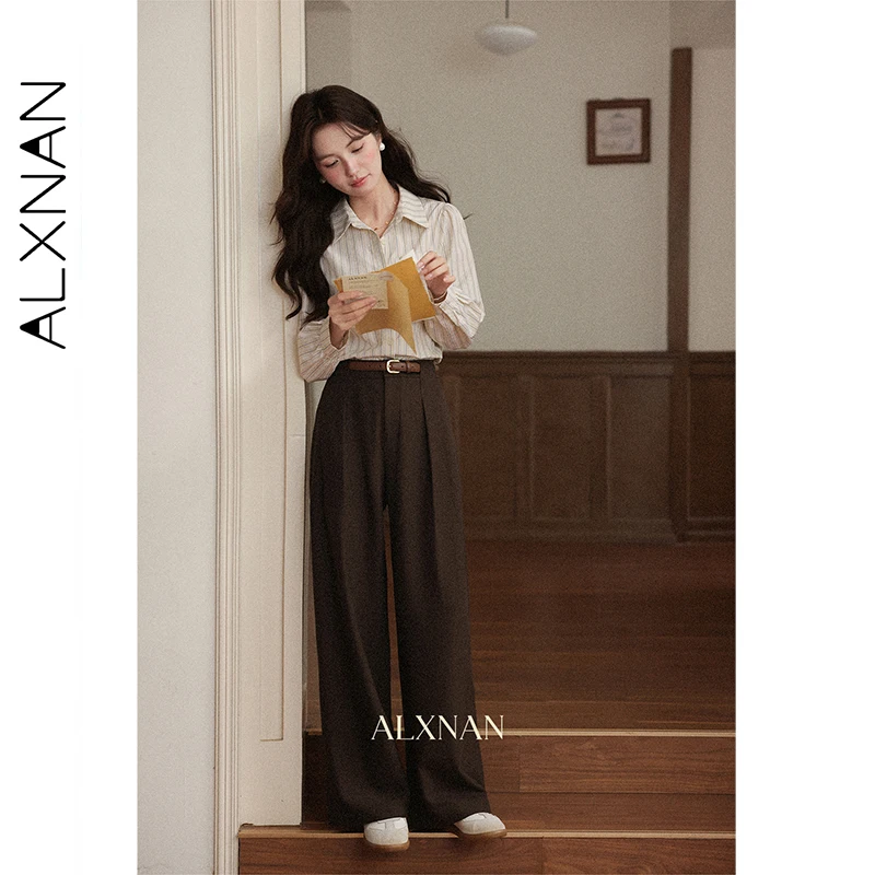 ALXNAN pantalons décontractés pour femmes marron taille haute pantalon coupe ample tombant Anti-rides trajet polyvalent femme pantalon L57052