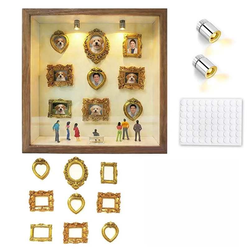 DIY Mini Museum Silhouette Box Creative Memory Display Kit with Mini Figurines Gold Frames for Mother's Day Gift