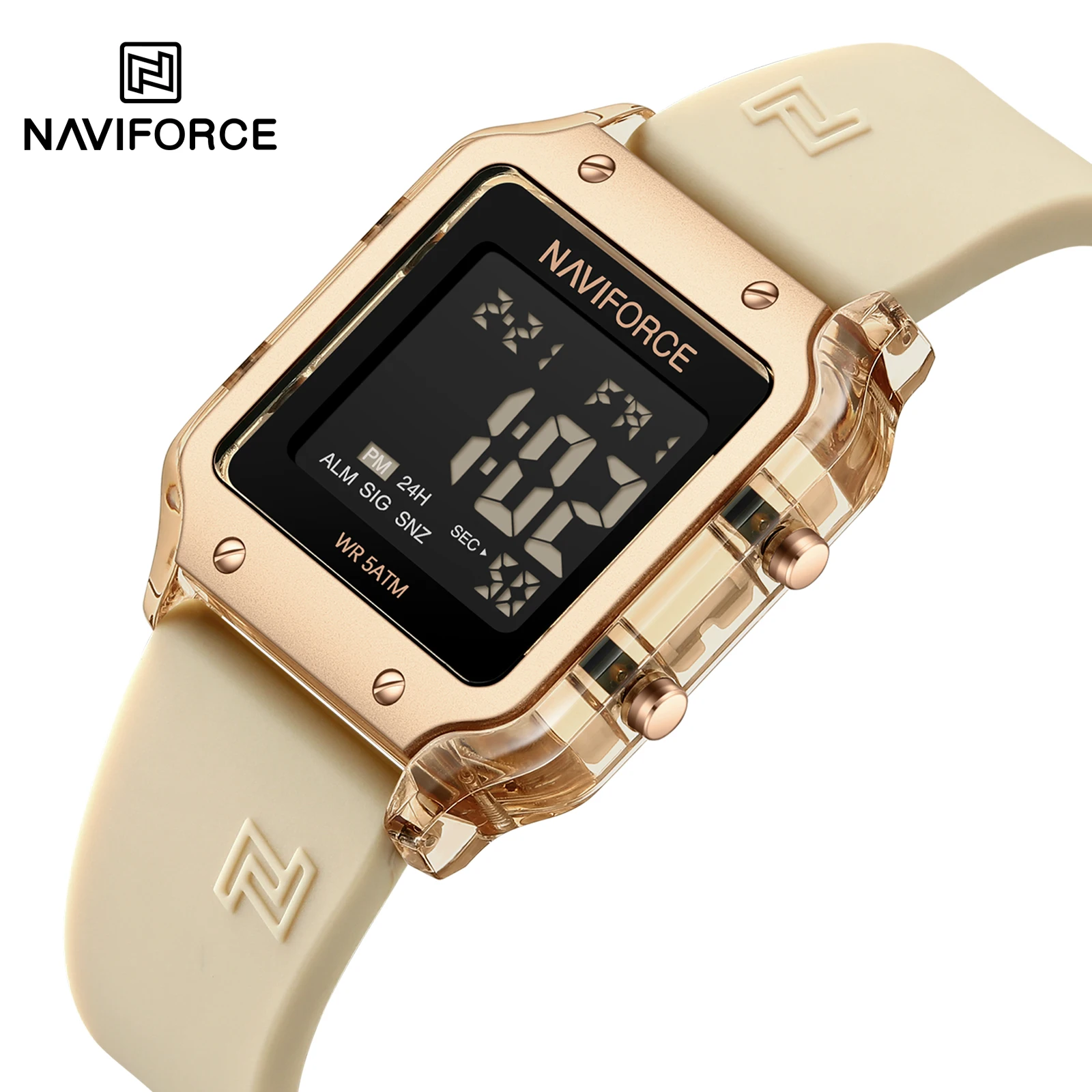 Naviforce 6105 Jam Tangan Olahraga Wanita Jam Tangan Lampu Persegi Tahan Air 5ATM Jam Elektronik Digital LED Montre Femme