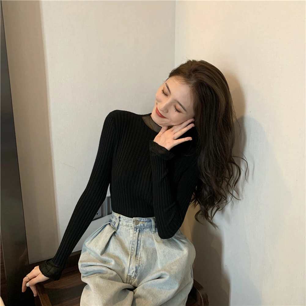 

Women Half High Neck Lace Knitting Sweater Slim Bottoming Pullovers Turtleneck