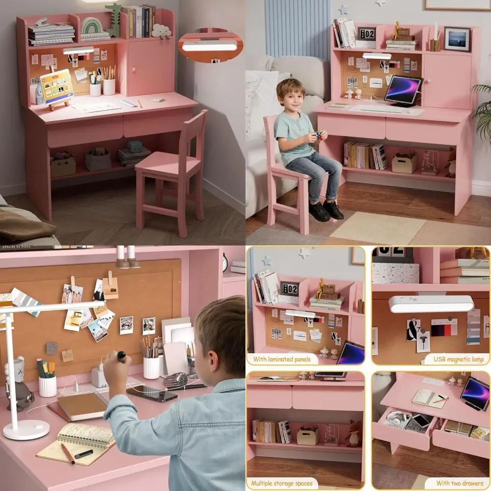 

Pink Kids Study Desk & Chair with Light, Charging, 2 Drawers, 3 Shelves - Bedroom Furniture Set