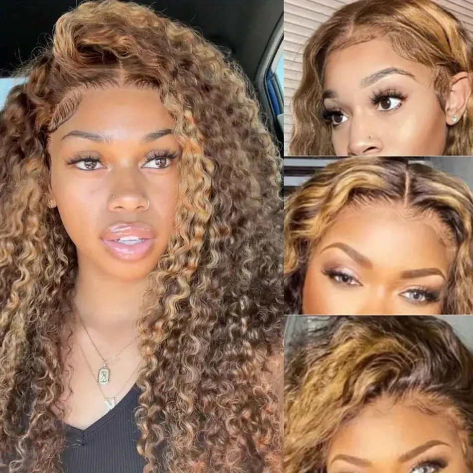 

200 Density 13x6 HD Transparent Lace Front Human Hair Frontal Curly Wigs 100% Natural Hair P4/27 Color Deep Wave Wigs For Women