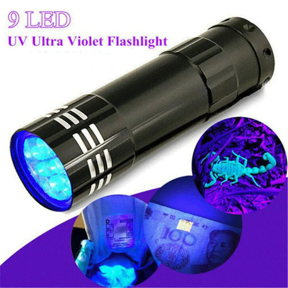 9 Uv Led Ultraviolet  Flashlight Multi-functional Mini Fluorescent Torch Lightweight Portable Outdoor Waterproof Emergency Lamp