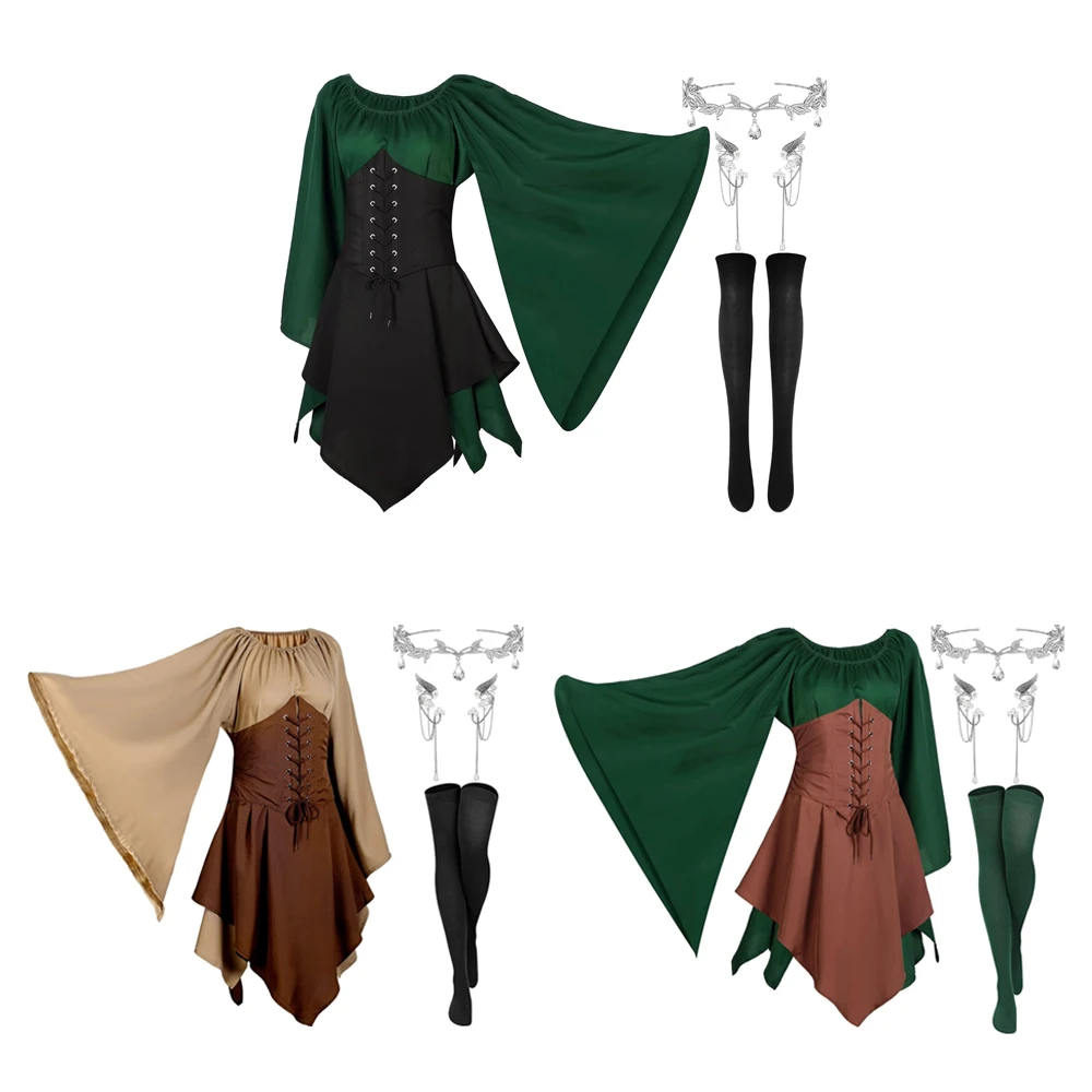 Kostum Cosplay Elf Abad Pertengahan untuk Permainan Peran, Gaun Viking Irlandia Tradisional Renaisans dengan Set Telinga Peri untuk Pertunjukan Panggung dan Pesta