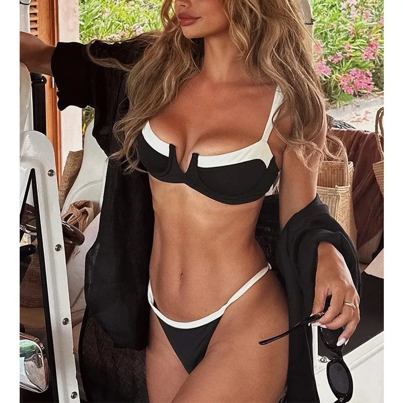 TYAKKVE 2024 New Black And White Patchwork Bikini Swimwear Sexy Backless Split Bikini Swimsuit Two Piece Beach Swimsuit Female