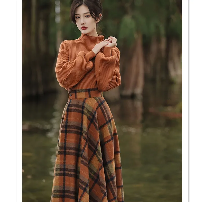 Women\'s Spring Autumn Vintage Plaid Long Skirts Sweater Two-Piece Set French Lady Graceful Knit Pullover High Waist Skirt Outfit