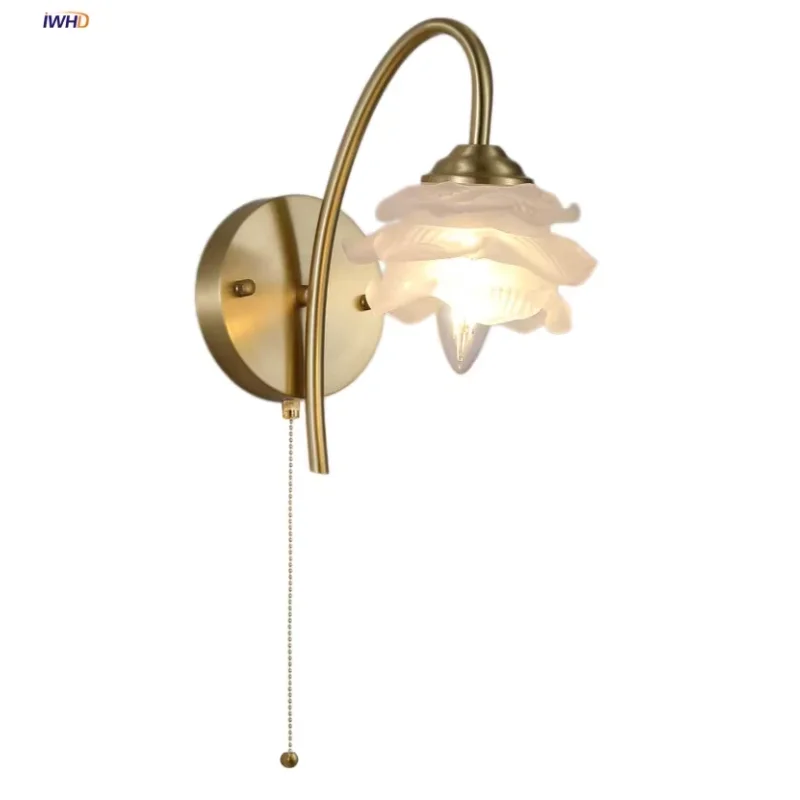 IWHD Copper Arm LED Wall Lights Aisle Study Staircase Rose Glass Pull Chain Switch Nordic Modern Home Decor Wall Lamp Wandlamp