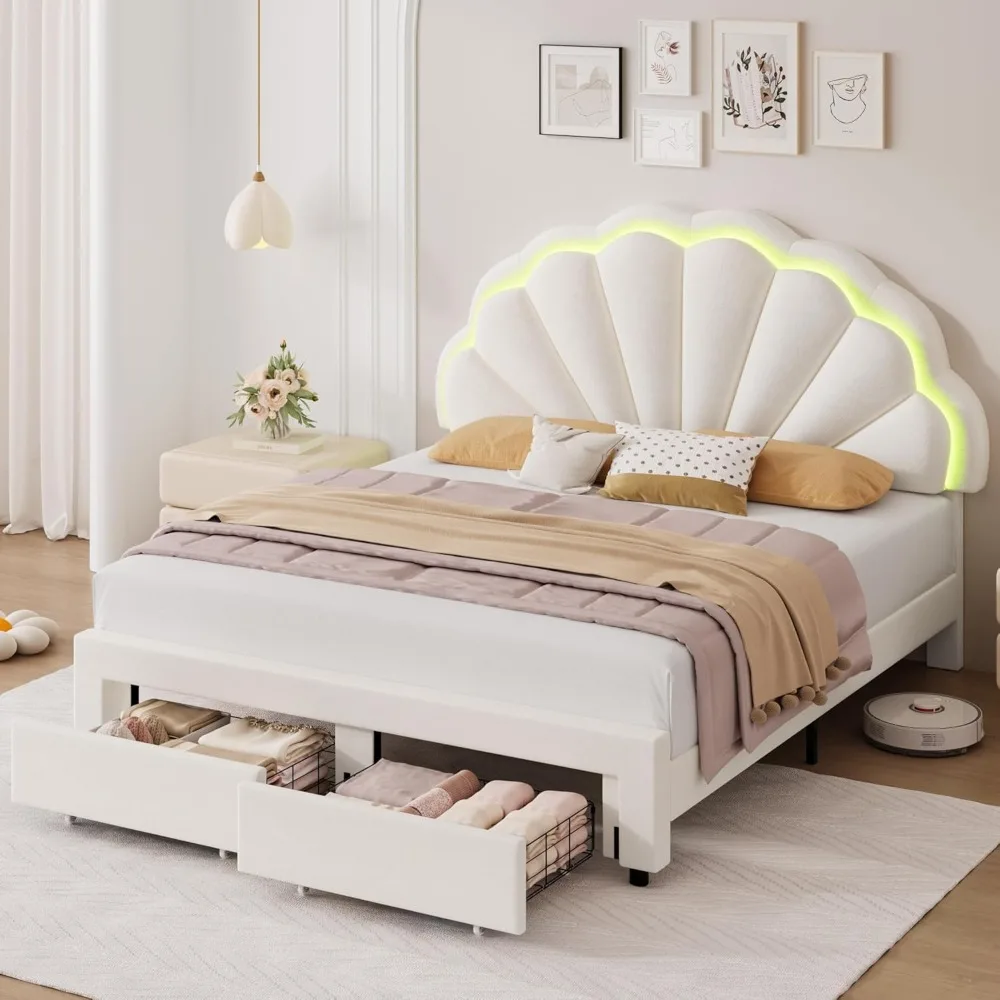 LED Bed Frame with 2 Storage Drawers & Adjustable Chic Double Petal Headboard, Solid Wood Slat, Easy Assembly, Queen, Bed Bases