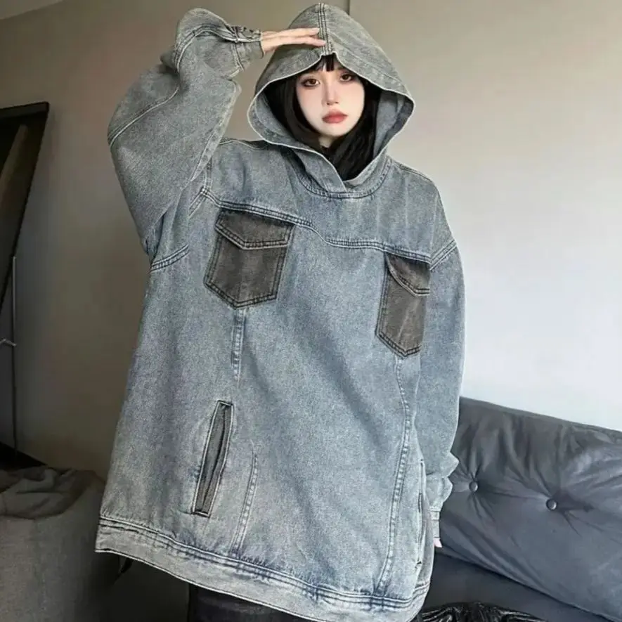 

Hooded Denim Sweatshirt Patchwork Women Washed American Retro Loose Autumn Korean Style High Street Long-Sleeved Top