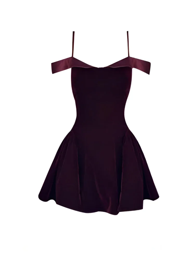 Harajuku Design Spaghetti Strap Dress Wine Red Sleeveless Elegant Slash Neck Sexy One-Piece Frocks Women Formal Occasion Banquet