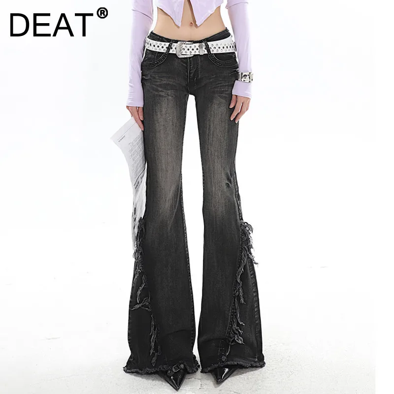 DEAT Women's Fashion High End Retro Slim Flare Denim Pants 2025 Spring New Items Trendy High Waist Fur Edge Jeans Female 33A2414