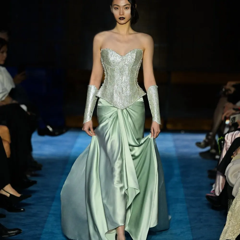 

Mint Green Satin Gown with Draped High‑Waist Skirt – Luxury Evening Wear, Asymmetrical Ruching Formal Skirts Custom Made 2026