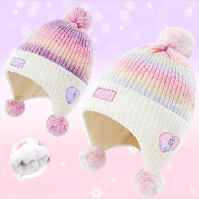 

Бархатная шапка для защиты ушей Disney Frozen, осенне-зимняя теплая вязаная шапка, вязаная шапка принцессы Эльзы, подарок для девочки