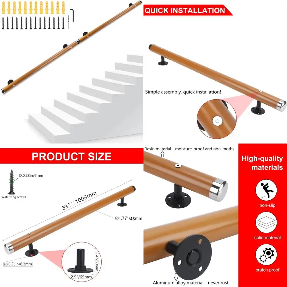 درابزين درج خشبي غير قابل للانزلاق مثبت على الحائط، درابزين داخلي وخارجي من الراتنج بطول 6.61 قدم، دعم مريح لدرج خالي من العوائق