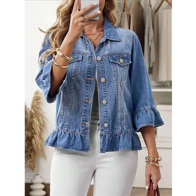 Luxury Ruffle Denim Jacket Woman Cropped JeanJ Acket Bell Sleeve Sweet Coat Single-breasted Tops Harajuku Goth Jacket