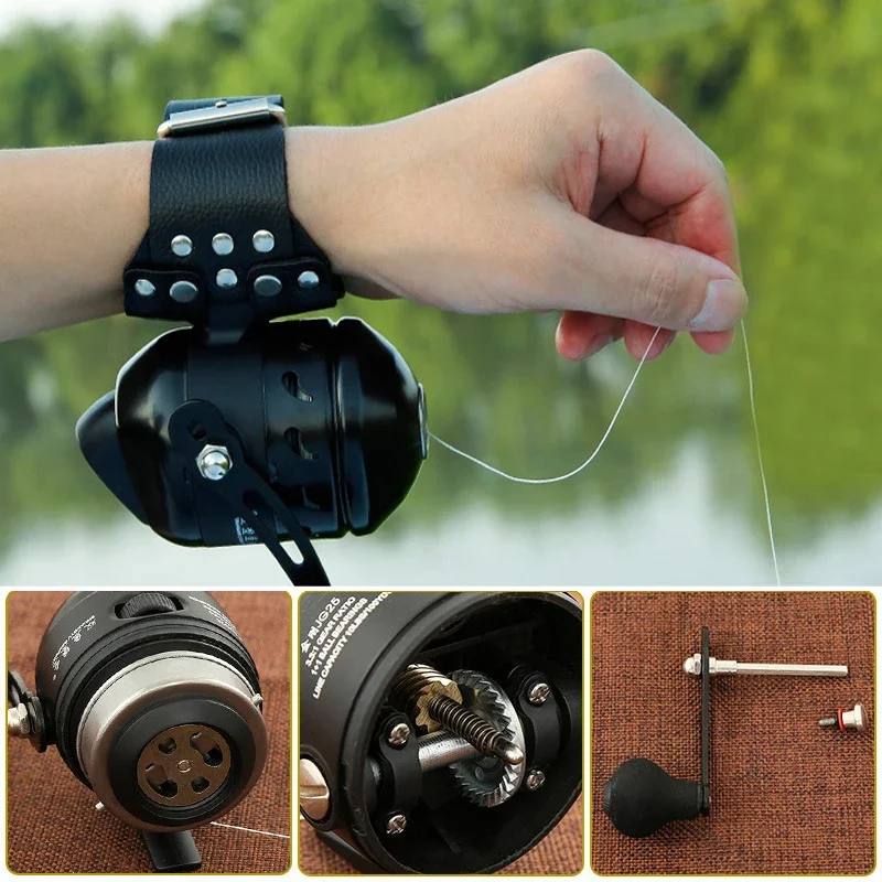 JG 25 Fishing Reel Slingshot Compound Bow Hunting Speed Ratio 3.3:1 Closed Metal Coil Wheel 5# PE 40M Use with Wristband Darts