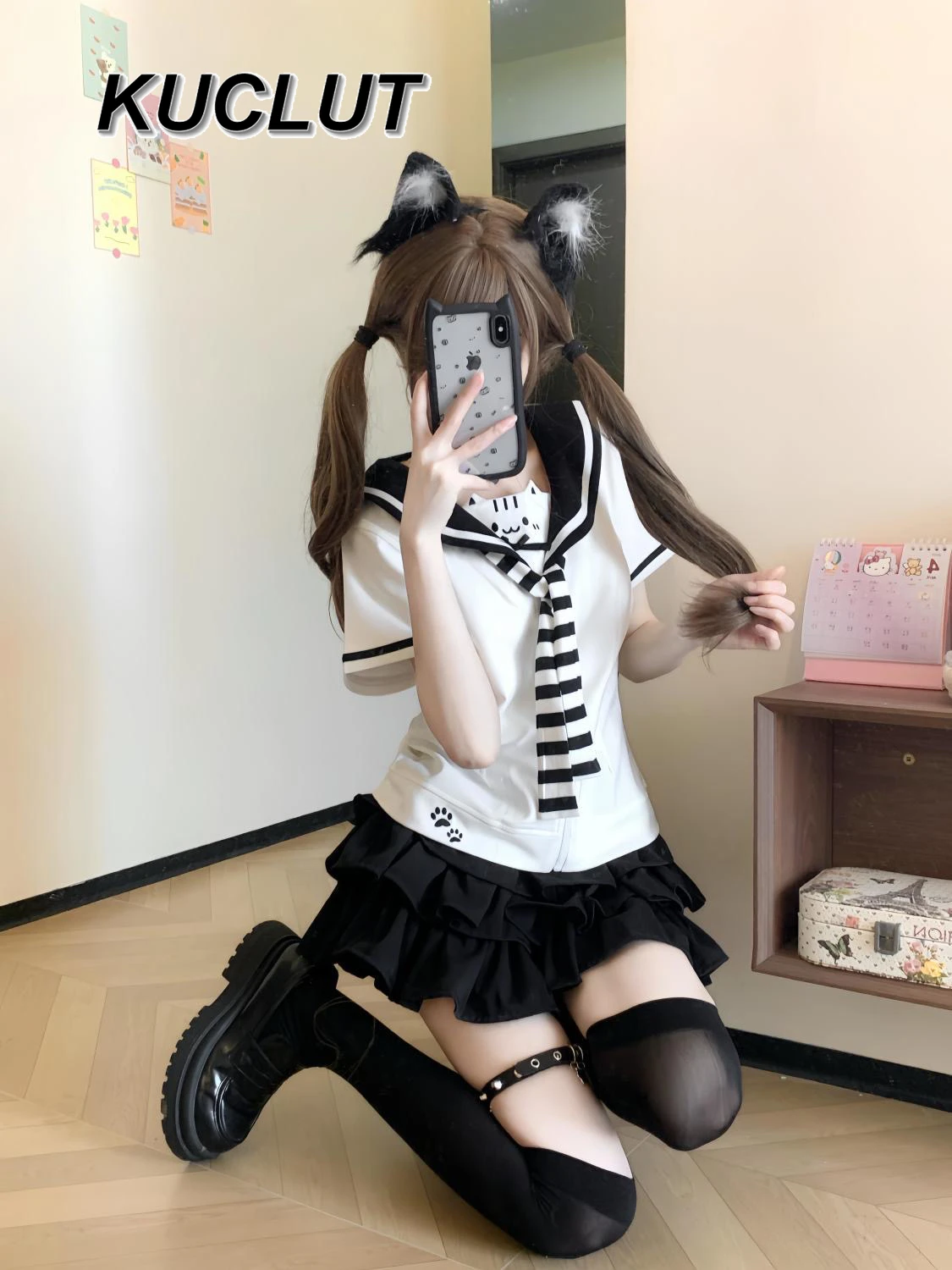 New Summer Sweet Outfits Japanese Style Women's 2 Piece Sets Navy Collar Bow Short-sleeved Top and Skirt Set Girl Uniform Suit.