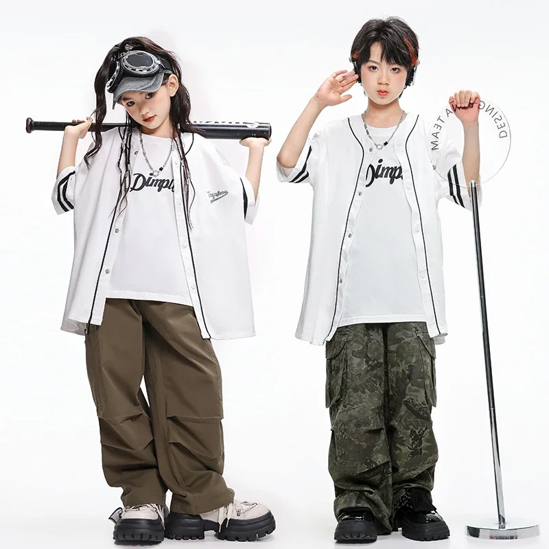 Jungen Hip Hop Baseball Shirt Street Dance Jogger Mädchen Lose Camo Cargo Hosen Kind Streetwear Kinder Jazz Kostüme Kleidung Sets