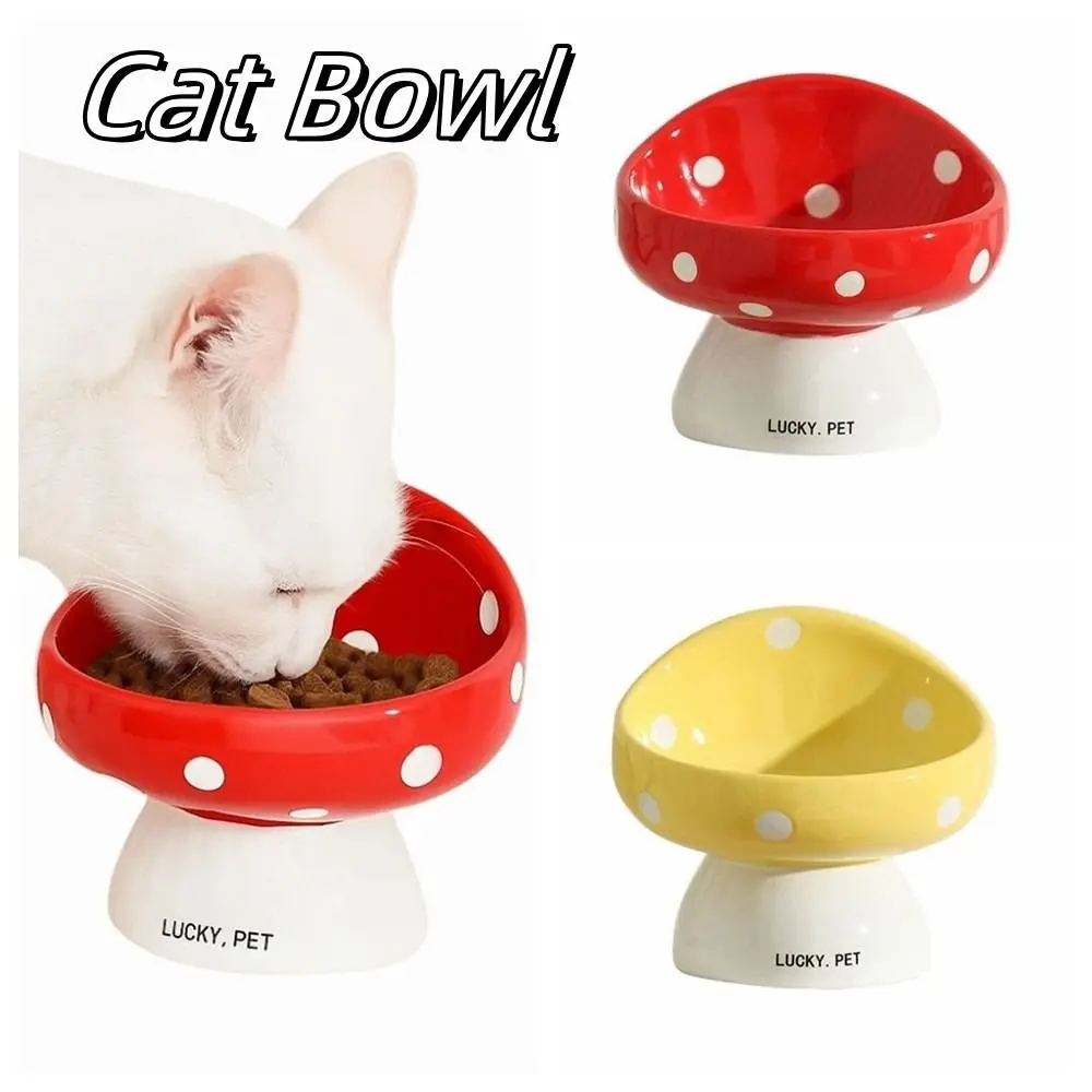 

Cute Mushroom Cat Bowl Ceramic Slanted Mouth Dog Food Feeding Basin Anti Tipping Multi-use Pet Drinking Feeder Water Container
