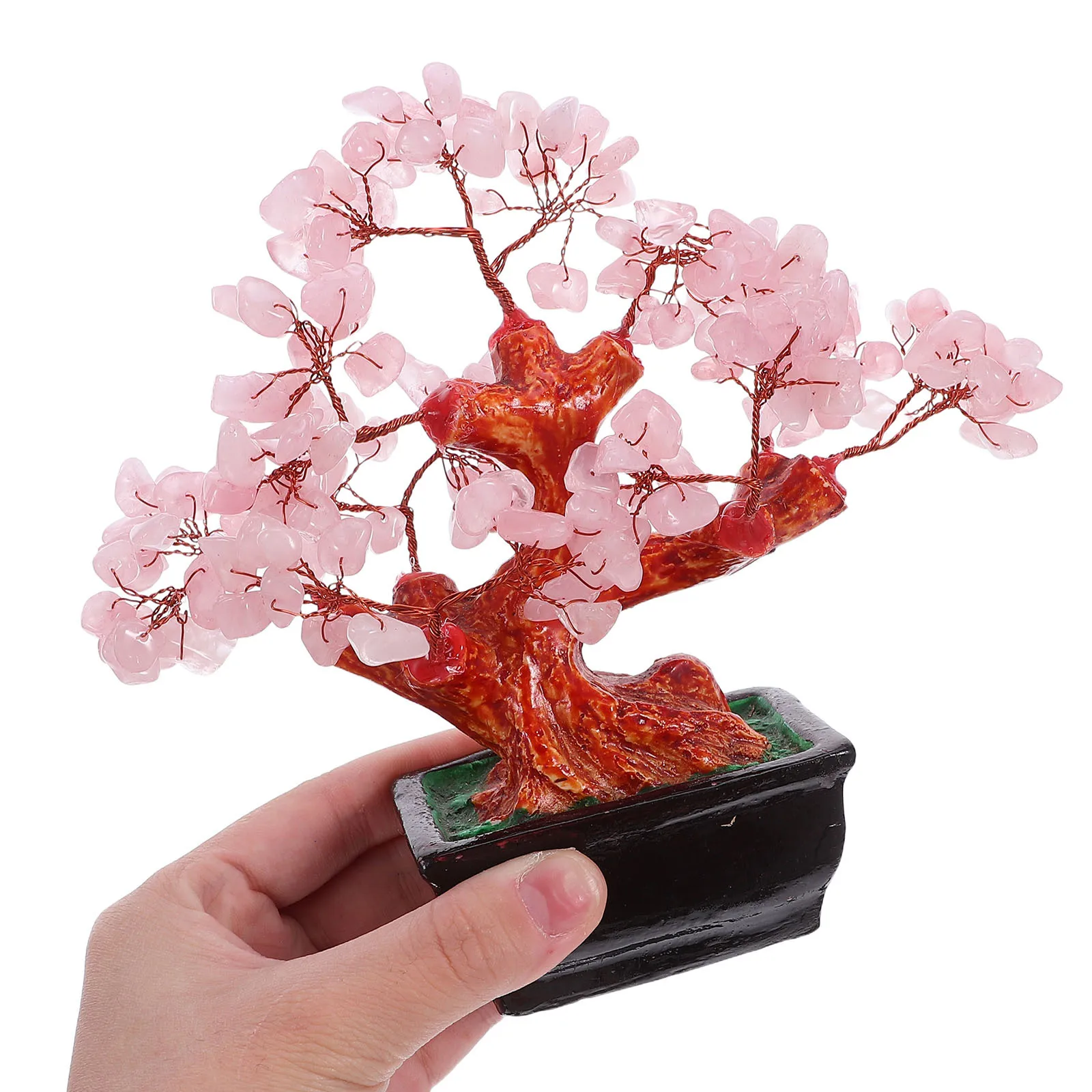 

Pink Quartz Crystal Bonsai Tree Feng Shui Money Plant Wealth Luck Decor Tabletop Desktop Ornament Resin Copper Wire Artificial