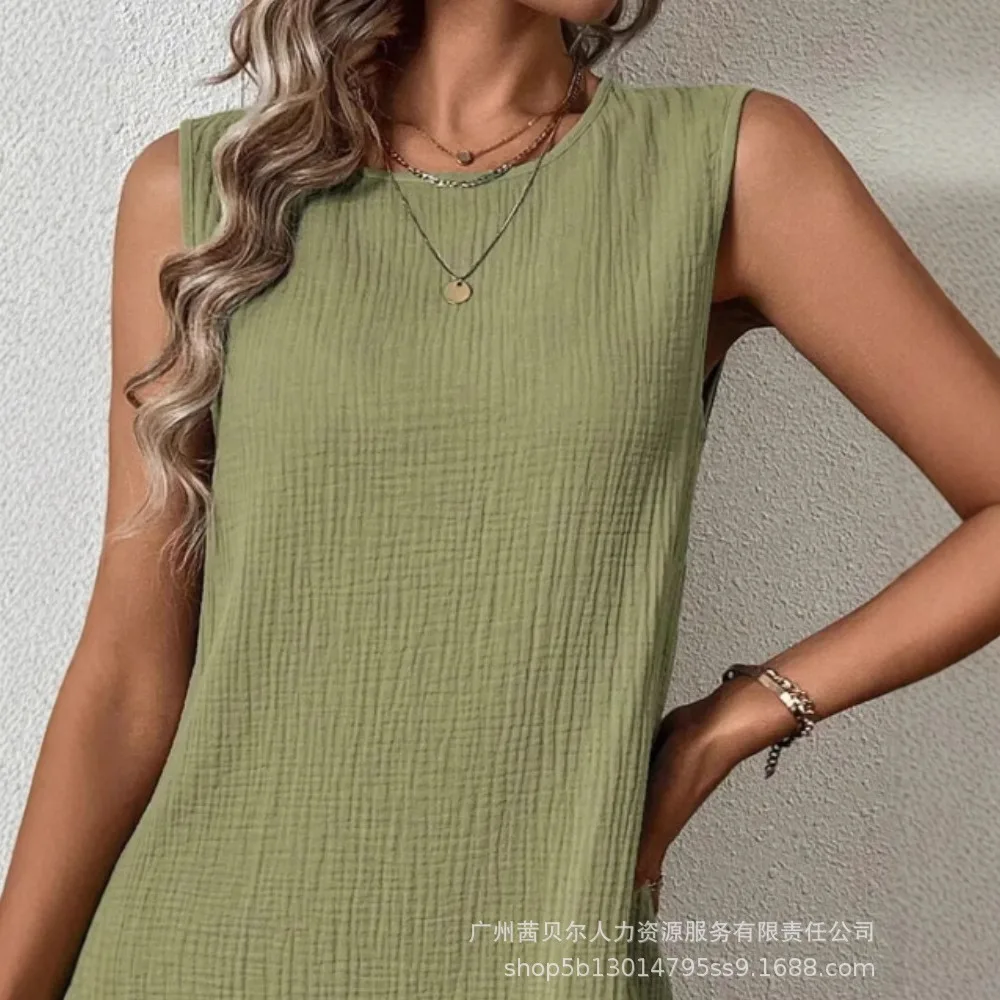 Women Round Neck Sleeveless Ruffles Hem Dress Casual Loose Fit Mini Dress