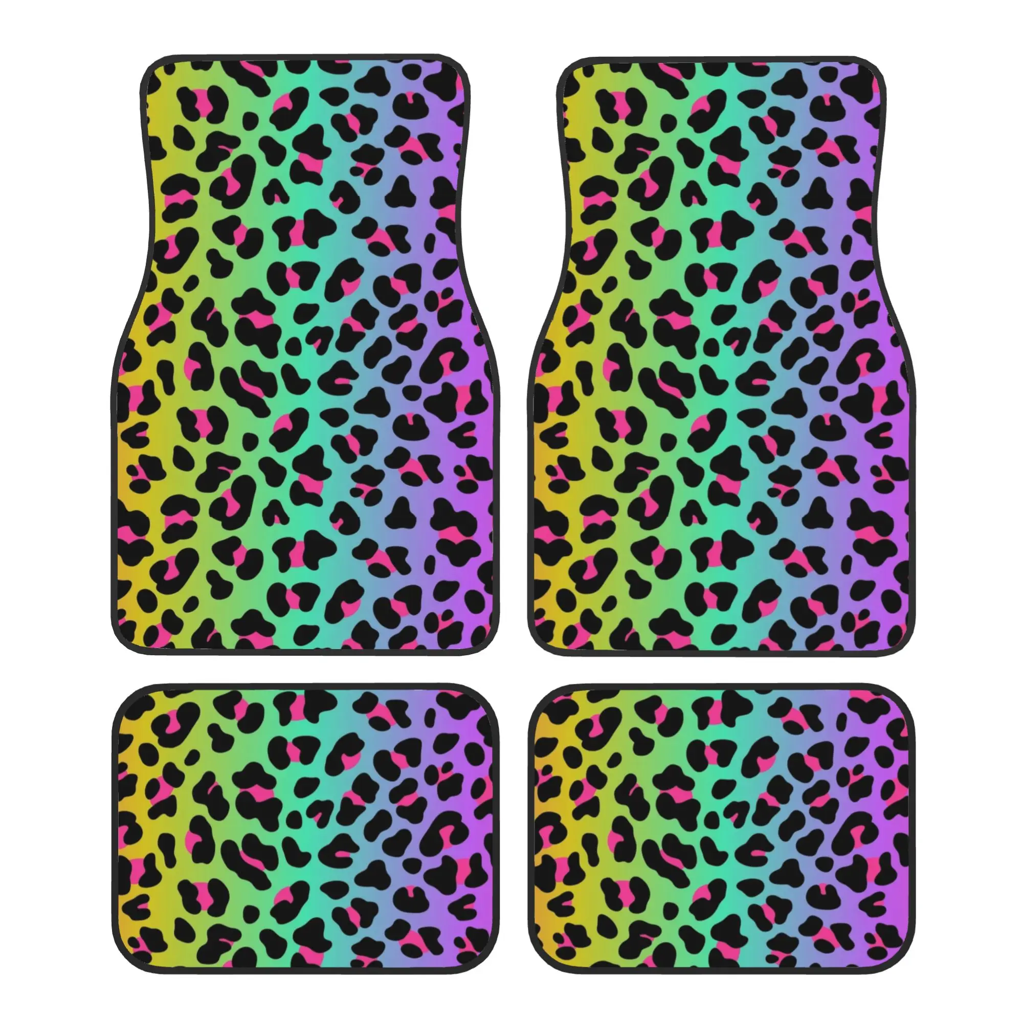 

4PCS Crystal Velvet Car Floor Mats Neon Rainbow Leopard Animal Print Anti Slip Car Universal Auto Front And Rear Foot Mats