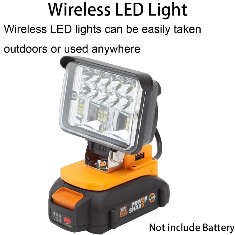 Luz LED de trabajo para Worx, luz de un solo cabezal con interfaz de carga rápida USB, portátil, 20V, 6 pines, batería de iones de litio