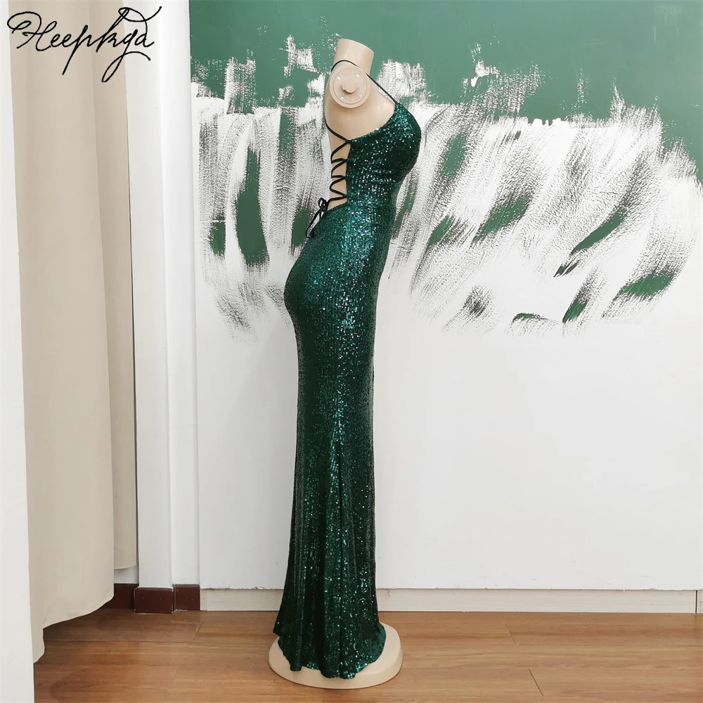 Green Mermaid Backless Long 2024 Evening Dress Stretchy Sequin Side Split Spaghetti Straps Women Formal Occasion Gowns In Stock