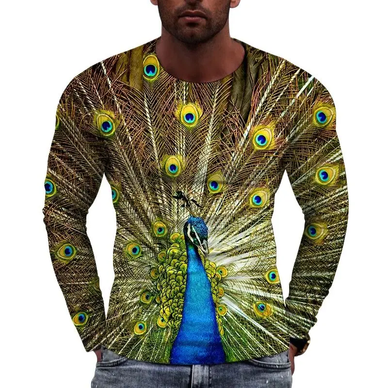 New European A peacock Spreads Its Veil Picture  Men long sleeved T-shirt Casual Printed Tees Hip-hop Personality Round Neck Top