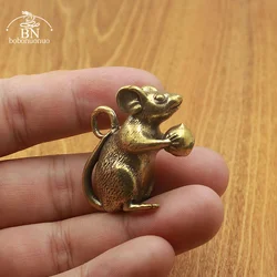 Pure Copper Mouse Offering Peach Figurines Miniatures Creative Cute Rat Lucky Animal Small Desktop Ornament Feng Shui Home Decor