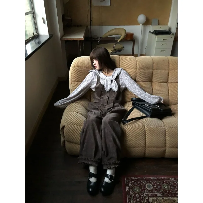 Gray coffee autumn and winter chenille thick trousers college style ancient and versatile women's wide-leg overalls