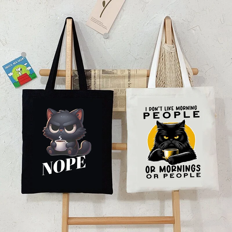 

Cartoon Coffee Cat Shoulder Bag Women Harajuku Fashion Funny Canvas Tote Bag "I Don't Like Morning People" Teen Shopper Handbag