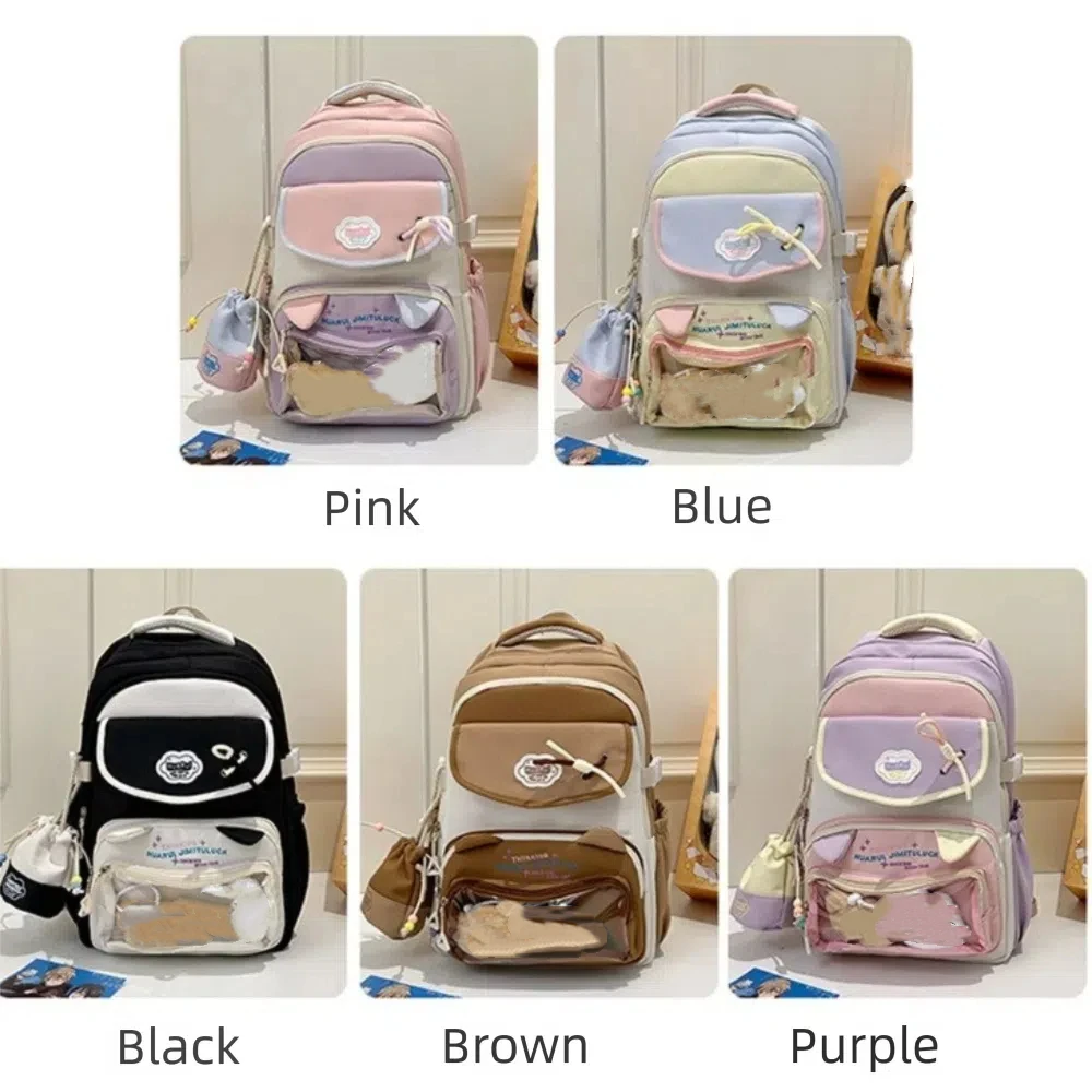 Sacs à dos de grande capacité pour filles, pochette transparente, sacs d'école de couleur assortie, sac à bandoulière à poches multiples pour étudiants