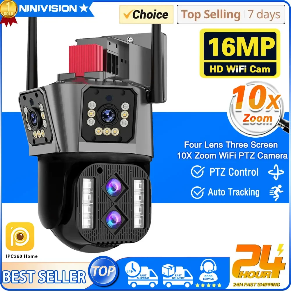 

8K 16MP Security Protection WiFi Camera Outdoor Four Lens Three Screens IP Cam 10X Zoom PTZ CCTV Video Surveillance AI Tracking