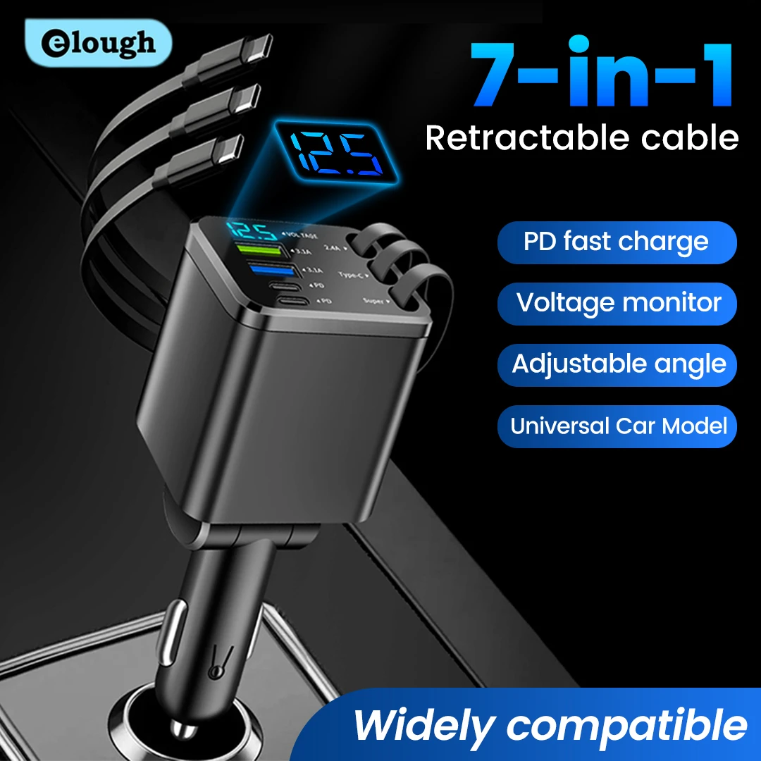 

Elough 7 IN 1 Car Charger Fast Charging Retractable Three Type C Cable 2 USB PD Port Car Phone Charger For IPhone 16 Samsung