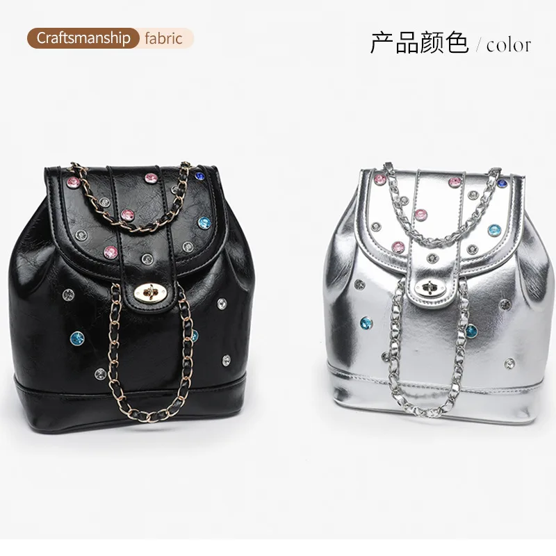 Fashion Leather Backpacks for Women 2024 Lady Multicolour Rhinestones Large Capacity Chain Handbags Luxury Double Shoulder Bags