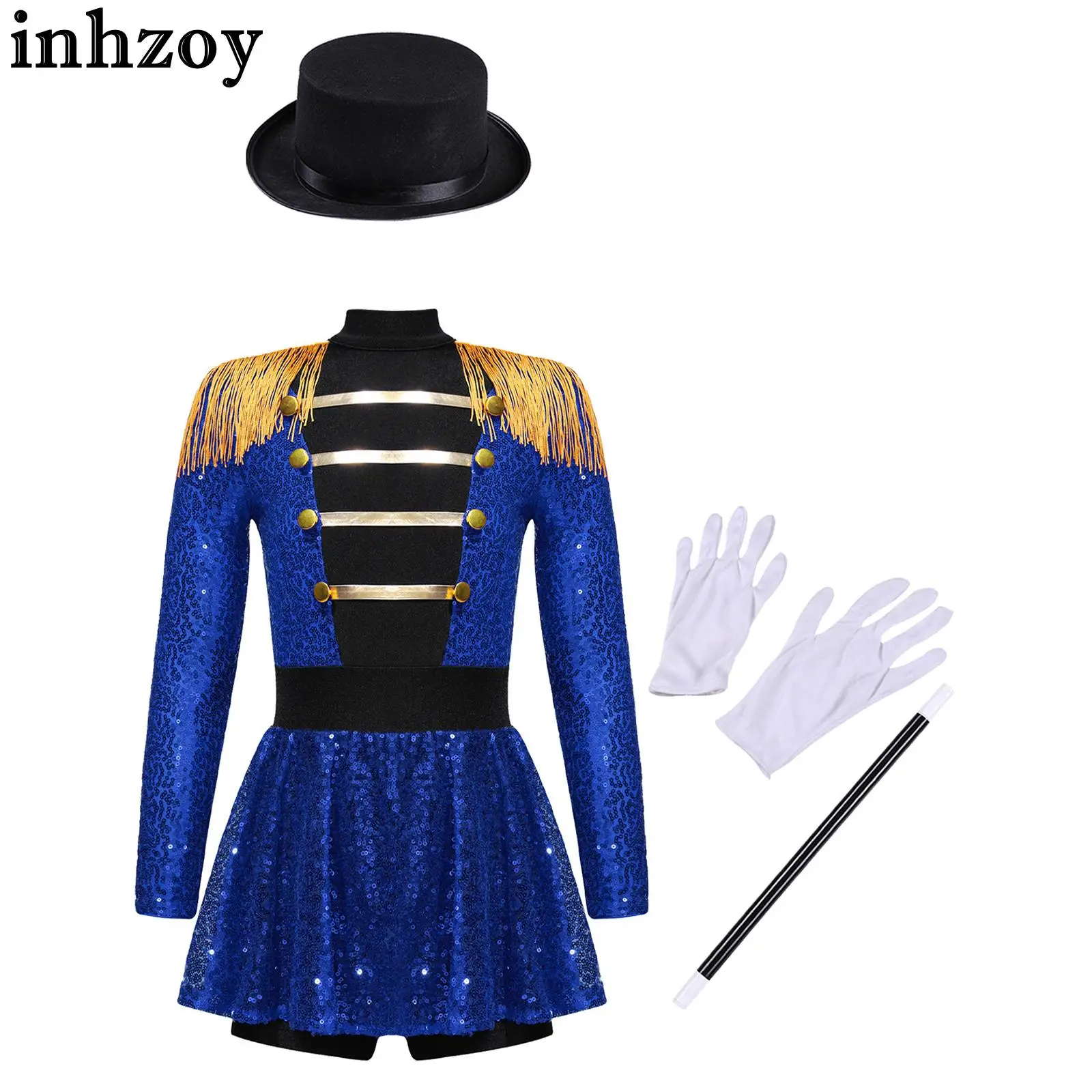 

Girls Circus Ringmaster Showman Costume Tassels Sequins Skirted Bodysuit with Hat Magic Wand Gloves Outfit for Performance Party