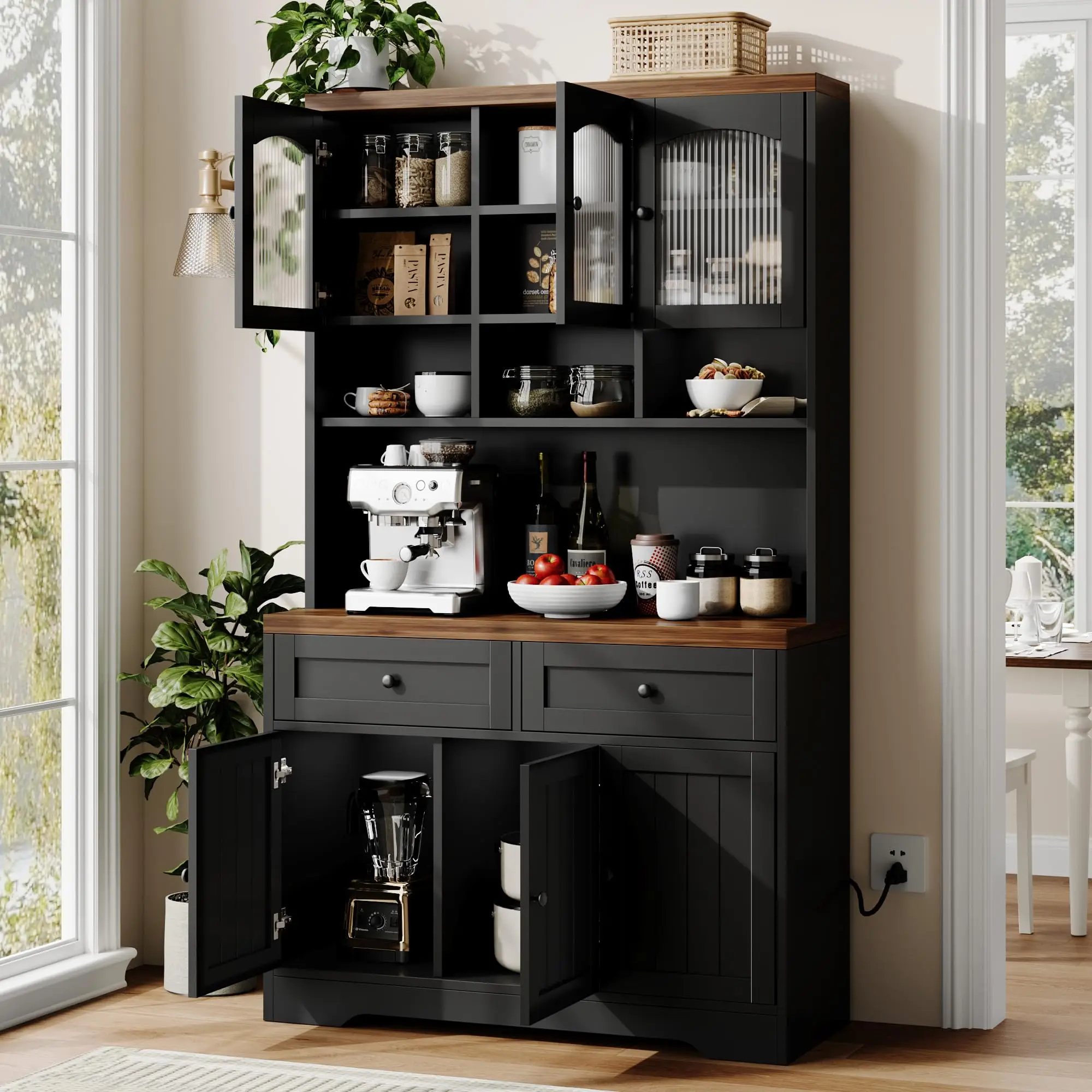 Mobile dispensa con stazione di ricarica, mobile alto per la conservazione degli alimenti in cucina, con ripiano superiore, mobile da cucina da 70,8 pollici con piano di lavoro rinforzato da 30 mm,