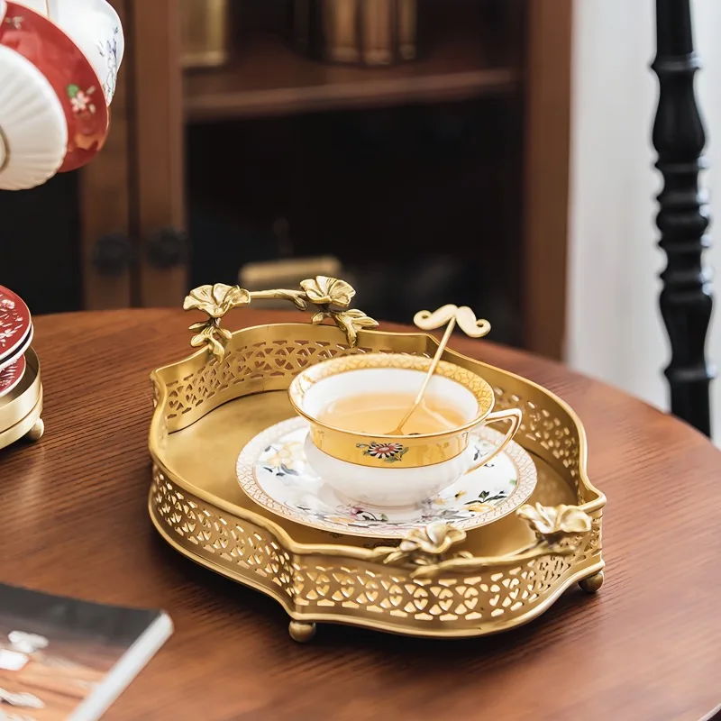 Vintage Luxury Brass Tray, Living Room Foyer Storage Decoration, Dining Table, Fruit and Tea Tray, High-end Sensory Storage Tray